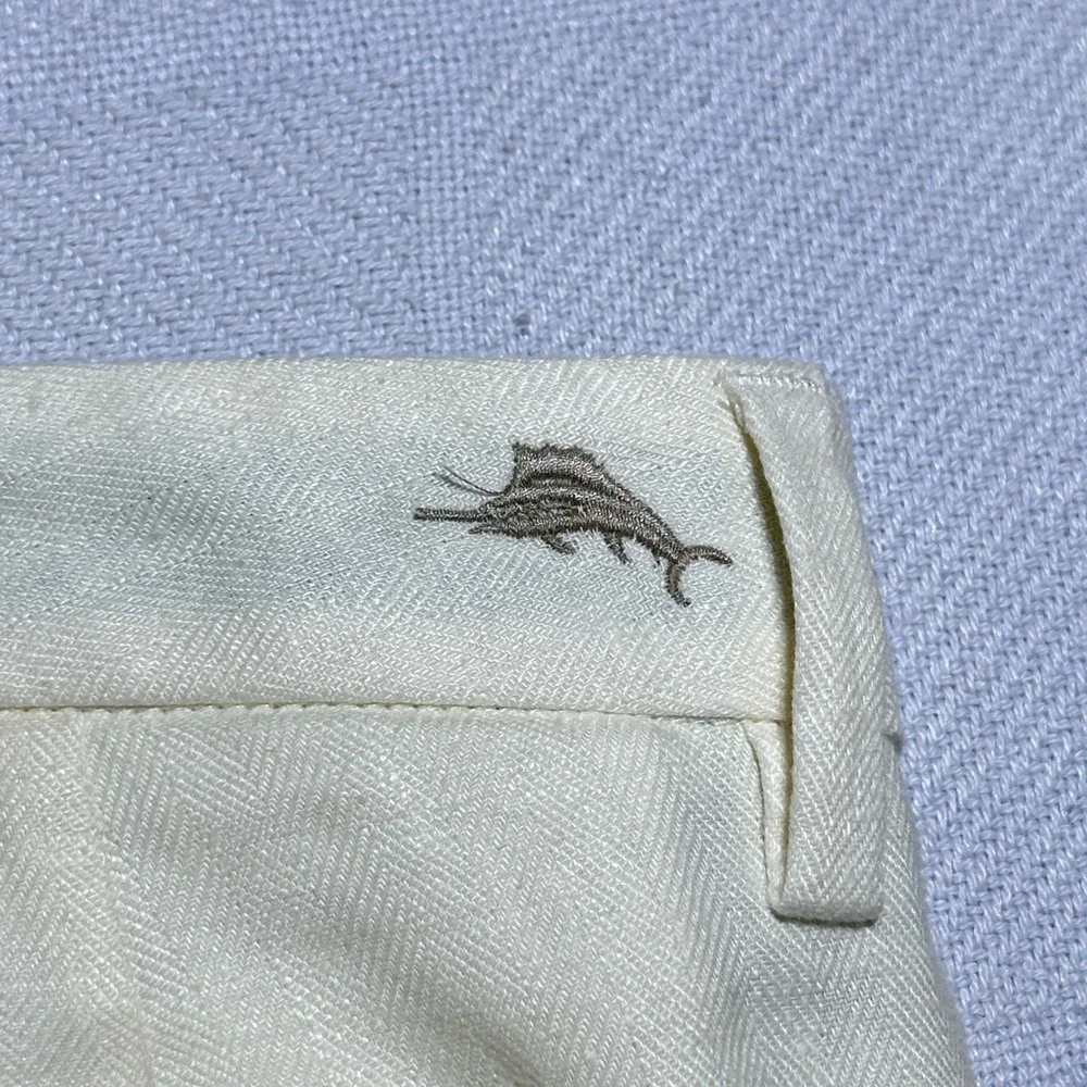 Tommy Bahama Mahalo Bay Pants Mens 38x32 Linen Blend Herringbone Creme Yellow